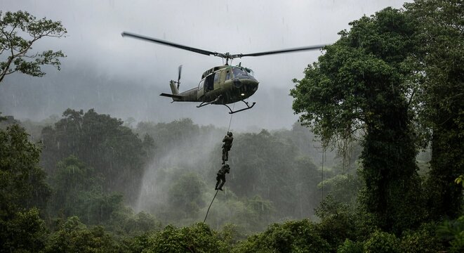 A military helicopter hovering above a dense Vietnamese jungle in heavy rain, with soldiers rappelling down into the thick greenery below.

