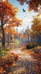 Vibrant City Park During Autumn with Leaves Falling. AI generated illustration