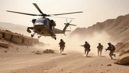A military helicopter lands on a rocky plateau in the Middle East under the blistering summer heat. Dust and sand swirl as soldiers disembark, some securing the perimeter while others unload supplies 