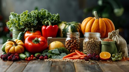 Vibrant Autumn Harvest Display of Fresh Organic Vegetables and Fruits on Rustic Wooden Table. Generative AI