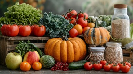 Colorful Autumn Harvest Display Featuring Fresh Vegetables and Fruits Arranged on Wooden Crates. Generative AI