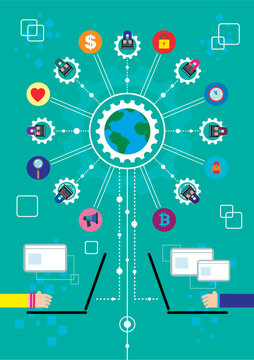 People using laptops connected to global network