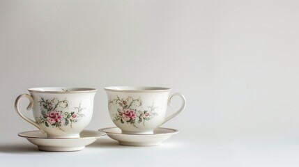 Vintage porcelain tea cups on plain white backdrop retro design