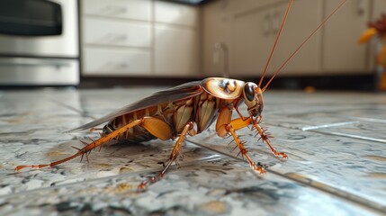 A Brown Cockroach Crawling Across a Kitchen Floor in Bright Natural Light. Generative AI