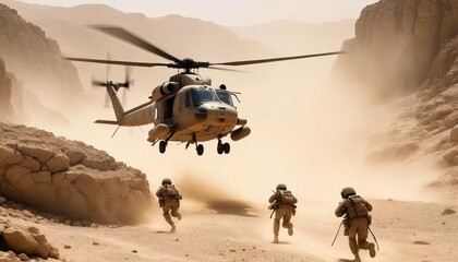 A military helicopter lands on a rocky plateau in the Middle East under the blistering summer heat. Dust and sand swirl as soldiers disembark, some securing the perimeter while others unload supplies 