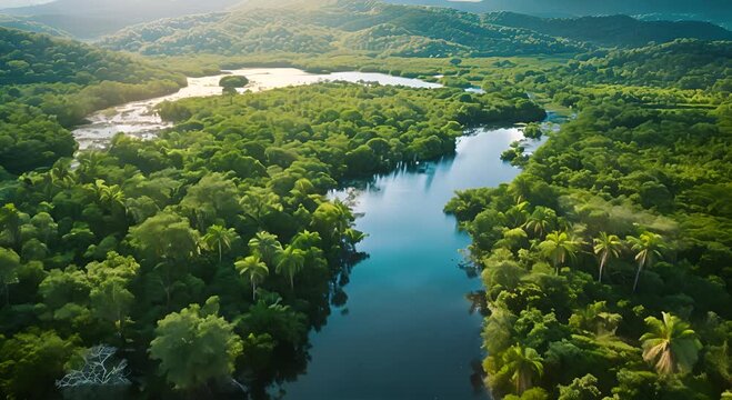 Aerial view of green amazon jungle river in morning clear blue sky. Nature footage videos.