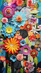 Fototapeta premium An artistic array of vibrant fabric patches, intermixed with fresh spring flowers. 
