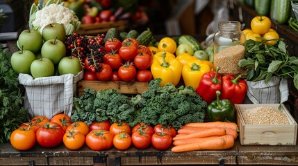 Vibrant Vegetable Market Display Featuring Fresh Produce at a Local Farmers’ Market in Early Morning. Generative AI