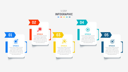 Five Step Infographic design element template for presentation. info graphic illustration. process diagram and presentations step,  banner, flow chart, 5 option template.