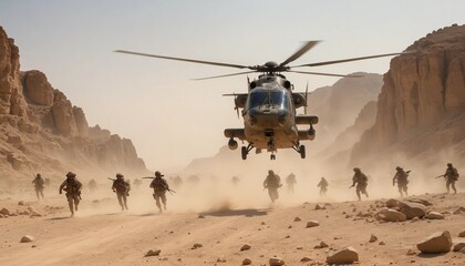 A military helicopter lands on a rocky plateau in the Middle East under the blistering summer heat. Dust and sand swirl as soldiers disembark, some securing the perimeter while others unload supplies 