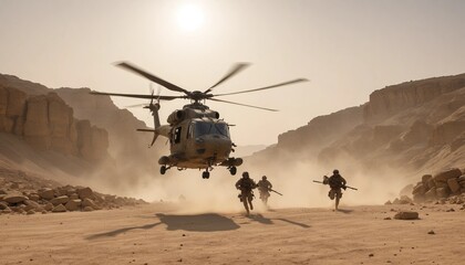 A military helicopter lands on a rocky plateau in the Middle East under the blistering summer heat. Dust and sand swirl as soldiers disembark, some securing the perimeter while others unload supplies 