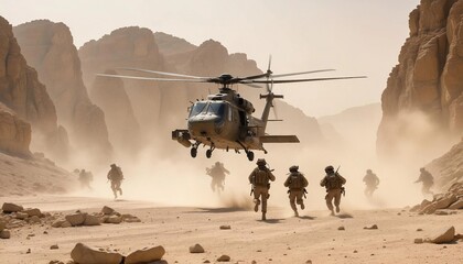 A military helicopter lands on a rocky plateau in the Middle East under the blistering summer heat. Dust and sand swirl as soldiers disembark, some securing the perimeter while others unload supplies 