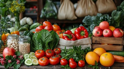 Freshly Harvested Organic Vegetables and Fruits Displayed at Local Farmers Market in Autumn. Generative AI