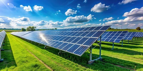 Solar farm with rows of panels on green field, clear day with optimal conditions, renewable energy