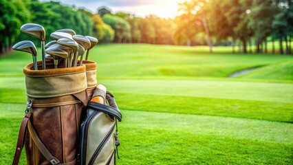 Fototapeta premium Closeup of weathered golf bags on lush green grass , old, vintage, golf bags, equipment, sports, hobby, retirement, recreation