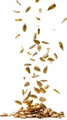 Fototapeta premium Falling Sunflower Seeds on White Background: Dynamic Culinary Imagery for Snack Advertising, Food Packaging, and Healthy Eating Concepts. Ideal for Nutritional Marketing, Organic Product Branding, and