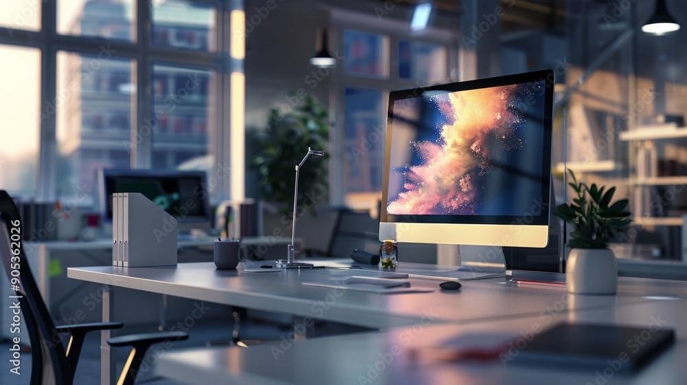 Poster modern office desk with computer and colorful abstract background.
