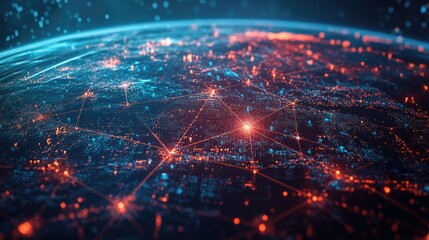 Obraz premium Abstract image of a global network with blockchain technology, neural networks, and AI, representing the future of digital connectivity.