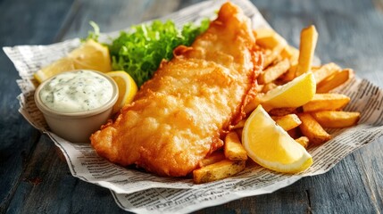 British fish and chips served with tartar sauce and lemon wedges on a newspaper-lined plate