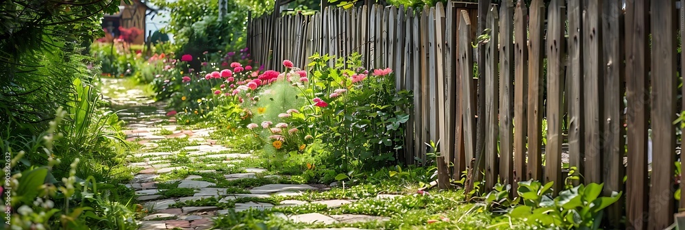 Wall mural Stone Path Through a Garden with a Wooden Fence - Photo