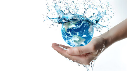 Human Hands holding water splash earth globe isolated on white background