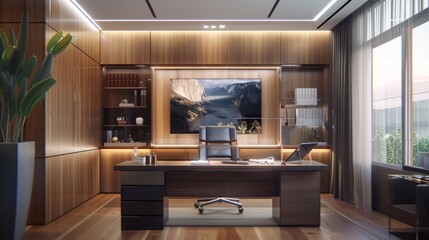 Modern Office Interior with Mountain View.