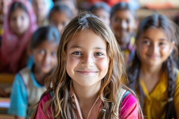 A charming young schoolgirl smiling at the camera with confidence, surrounded by classmates