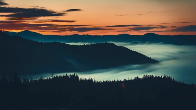 The sun's first rays light up carpathian peaks, casting shadows on slopes with fog adding mystery and serenity