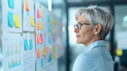 A senior businesswoman with glasses examines a whiteboard with colorful sticky notes and data charts. The modern office reflects her focused and analytical approach to business planning.