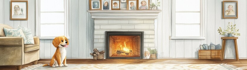 A cozy living room scene featuring a friendly dog by the fireplace, with warm light and charming decor that adds comfort and joy.