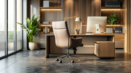 A modern office with a comfortable chair and high-quality images