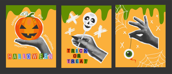 Set of banner with halftone hand hold pumpkin, skull sweet and eye in trendy collage style. Halloween celebrate. Spooky modern cut out elements