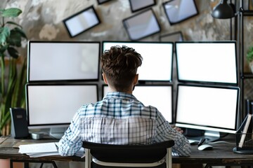 A man is sitting in front of many computer white mockup screens