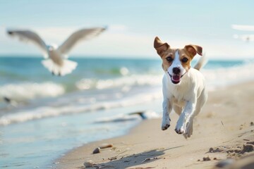 A playful photograph of a Jack Russell terrier chasing seagulls along the shoreline