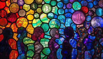 Stained Glass Depiction of National Financial Awareness, People Engaged in Financial Planning with Abstract Patterns