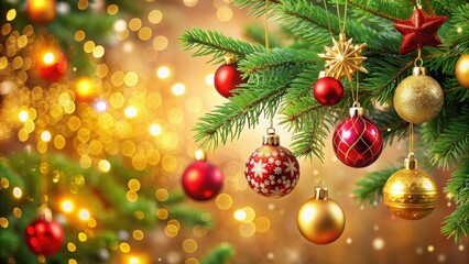 Beautiful Christmas decorations hanging on a tree , holiday, festive, ornaments, shiny, sparkly, baubles, seasonal, winter