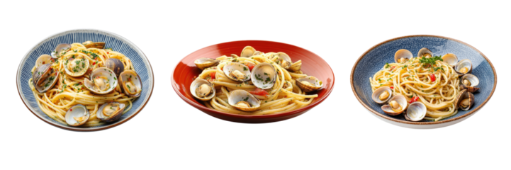 delicious Linguine pasta alle vongole on a plate, Italian food. transparent background