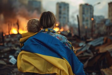 A woman with child stands with a Ukraine flag blurred destroyed city background in fire