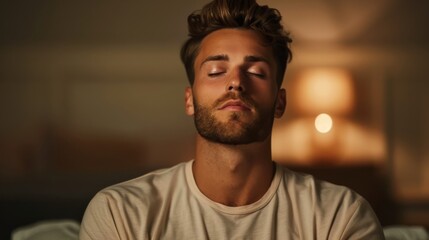 Obraz premium Man trying relaxation techniques before bed, insomnia management, health practice