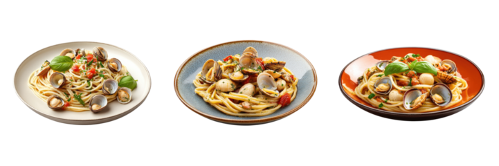 delicious Linguine pasta alle vongole on a plate, Italian food. transparent background
