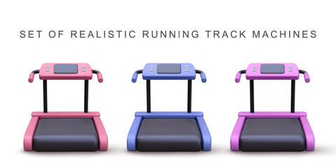 3d realistic set running track machine. Vector illustration.