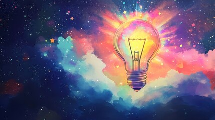 A vibrant light bulb shines against a cosmic backdrop, symbolizing creativity, inspiration, and new ideas in a colorful universe.