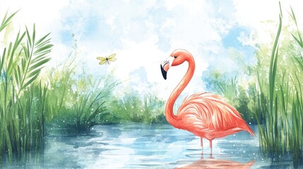 Fototapeta premium A vibrant pink flamingo stands gracefully by a serene water body, surrounded by lush greenery and a soft blue sky.