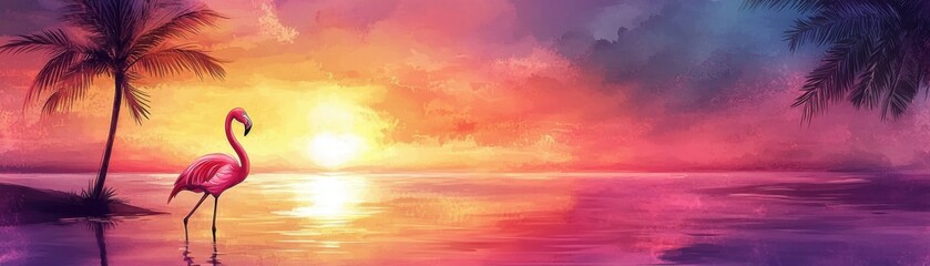 Fototapeta premium A vibrant sunset scene featuring a flamingo by the tranquil sea, surrounded by palm trees, capturing the essence of tropical beauty.