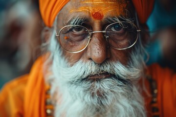 Obraz premium An intense gaze from an elderly man with a striking white beard and orange attire