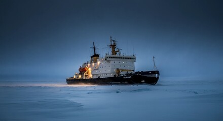 An icebreaker ship cutting through thick sea ice in the Arctic, under the dim light of the polar night, as snow and wind swirl around it.
