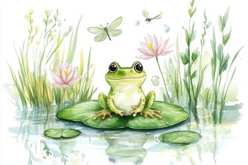 Charming frog on a lily pad surrounded by flowers and insects, creating a serene and whimsical water scene.