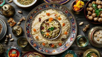 Traditional Asian Noodle Feast with Colorful Garnishes on Ornate Tableware