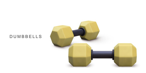 3d realistic yellow dumbbells on white background. Vector illustration.