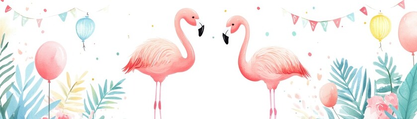 Obraz premium Colorful illustration of two flamingos celebrating with balloons and festive decorations, perfect for party themes.